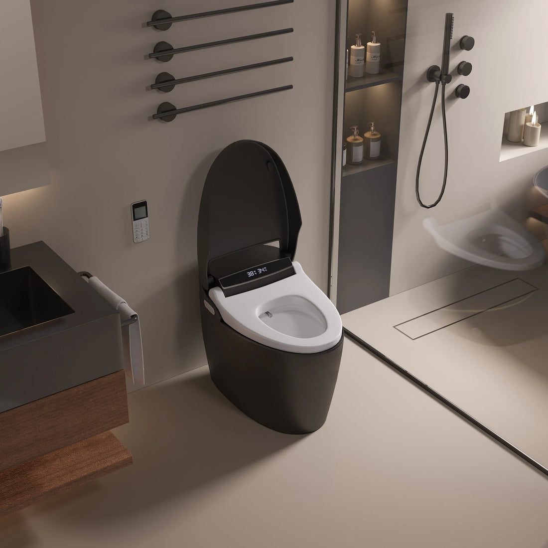 A modern high-tech Japanese style smart toilet and bidet in matte black color, with a digital display on the lid and a remote control device beside it.