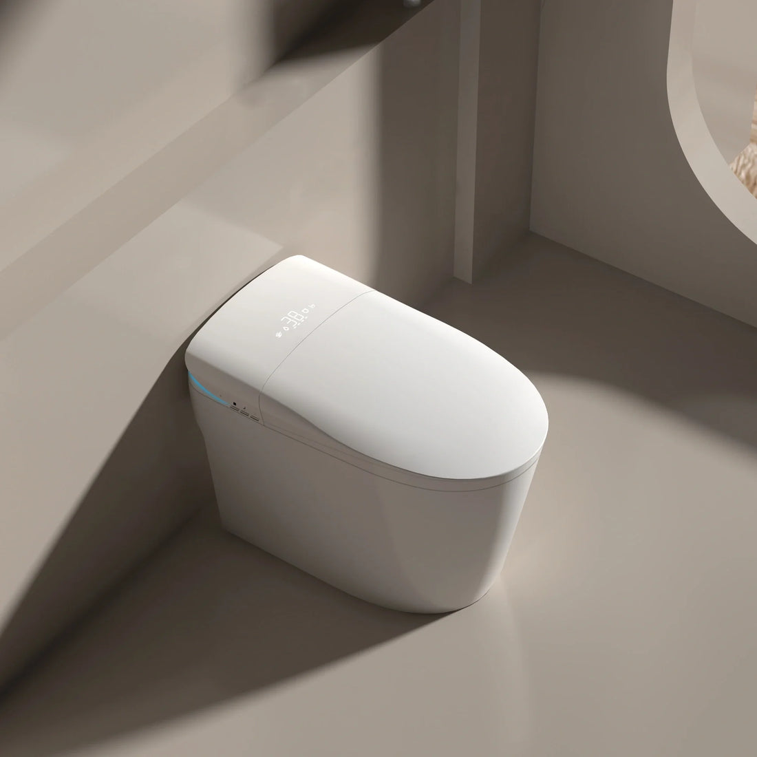 A modern white smart toilet and bidet with side controls, installed in a bathroom setting.