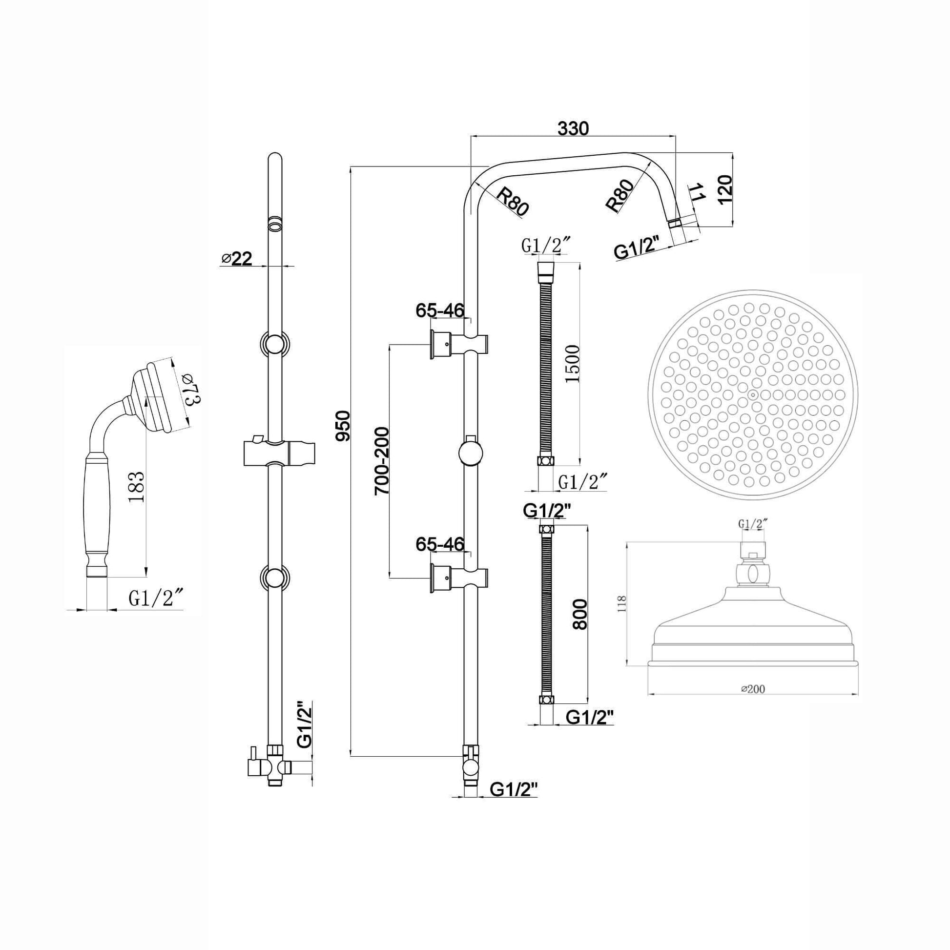 Carre Dual Rigid Riser Kit Traditional Solid Brass Overhead Rain Shower & Brass Handheld Shower - Chrome-Aman Plumbing &amp; Heating Supplier Limited