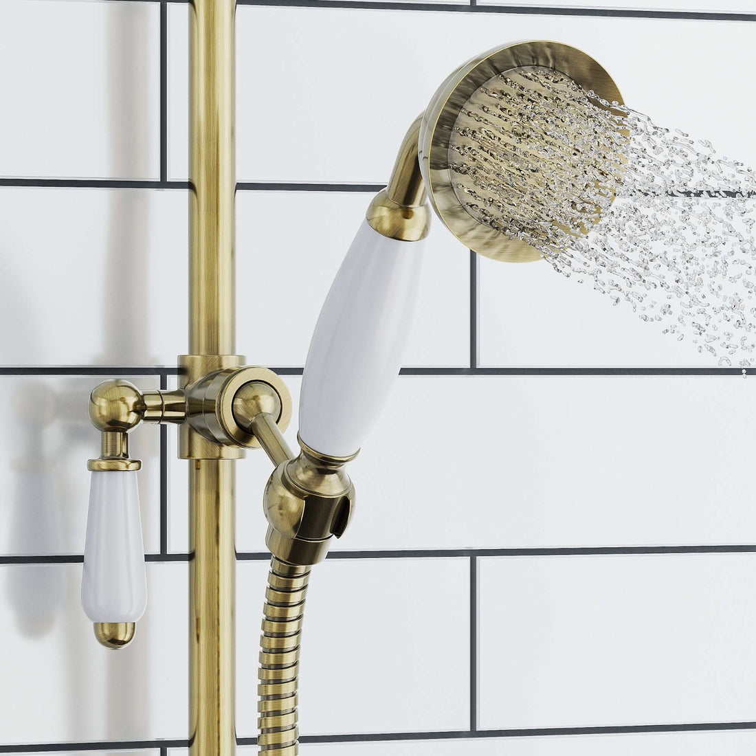 Downton Exposed Traditional Thermostatic Shower Set 2 Outlet, Incl. Triple Shower Valve, Rigid Riser Rail, 200mm Shower Head & Ceramic Handset - Antique Brass-Aman Plumbing &amp; Heating Supplier Limited