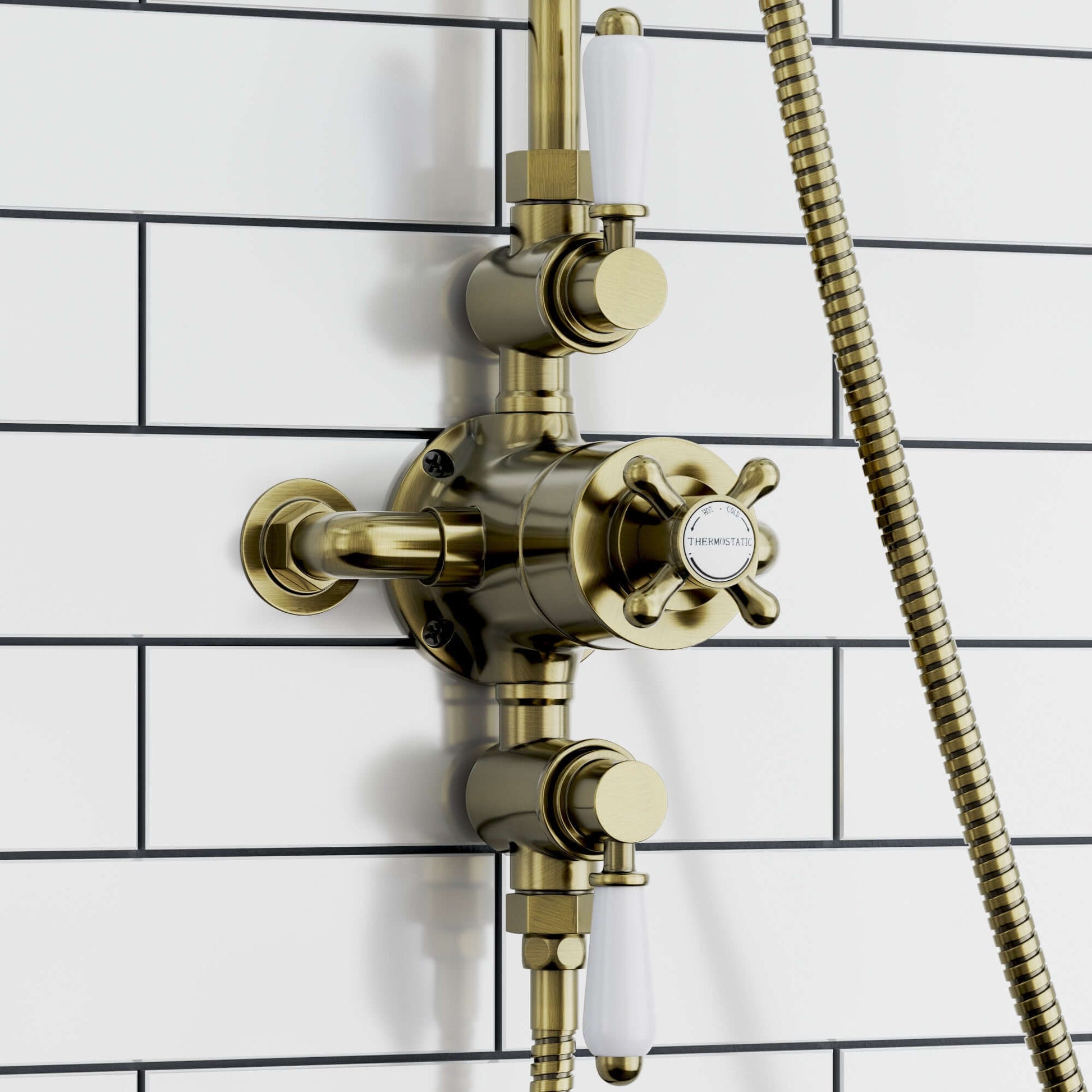 Downton Exposed Traditional Thermostatic Shower Set 2 Outlet, Incl. Triple Shower Valve, Rigid Riser Rail, 200mm Shower Head & Ceramic Handset - Antique Brass-Aman Plumbing &amp; Heating Supplier Limited