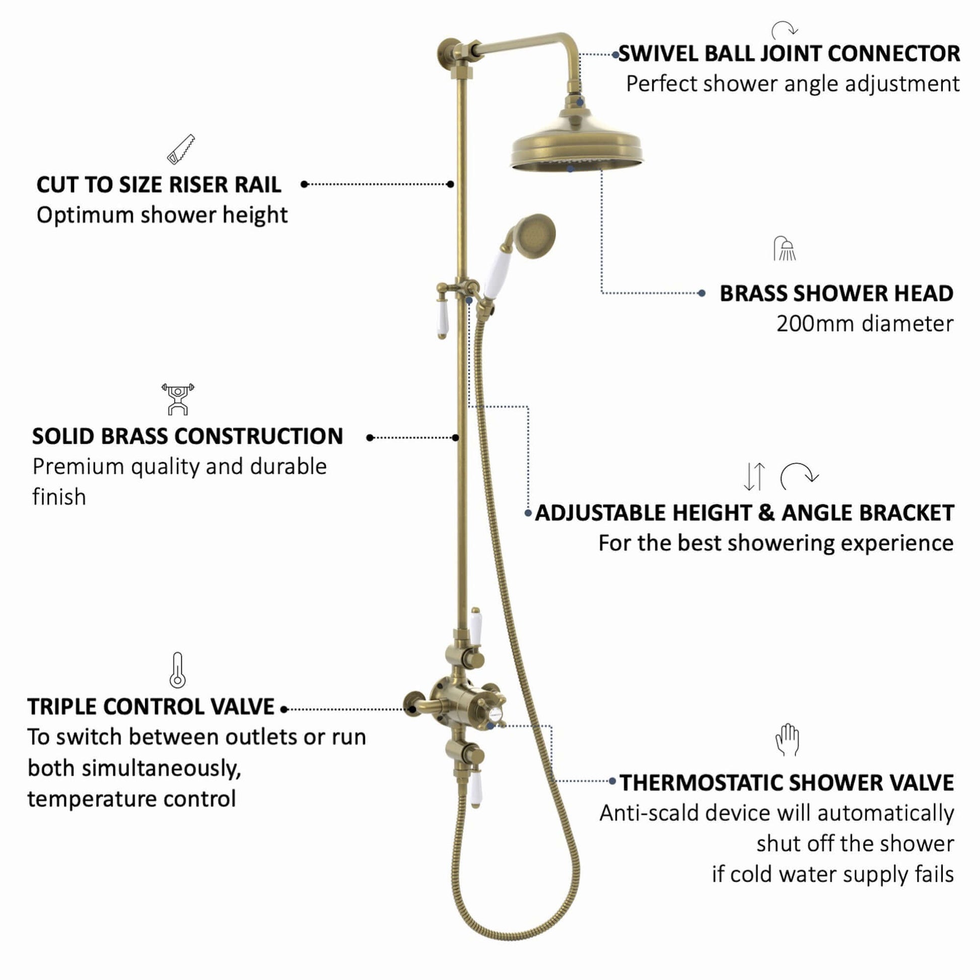 Downton Exposed Traditional Thermostatic Shower Set 2 Outlet, Incl. Triple Shower Valve, Rigid Riser Rail, 200mm Shower Head & Ceramic Handset - Antique Brass-Aman Plumbing &amp; Heating Supplier Limited