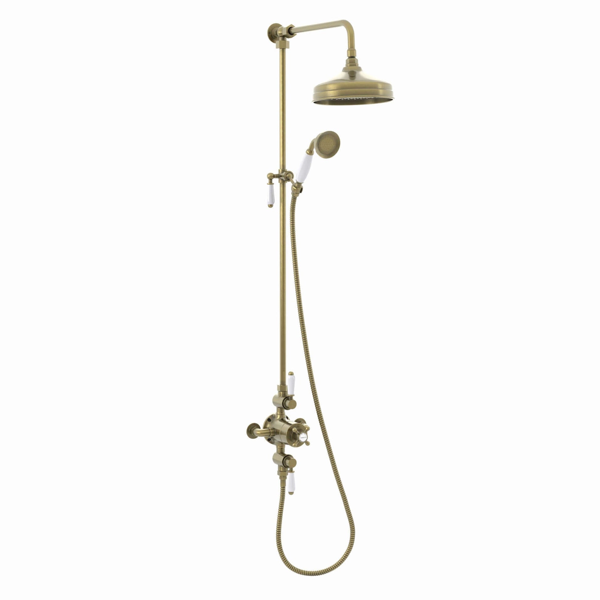 Downton Exposed Traditional Thermostatic Shower Set 2 Outlet, Incl. Triple Shower Valve, Rigid Riser Rail, 200mm Shower Head & Ceramic Handset - Antique Brass-Aman Plumbing &amp; Heating Supplier Limited
