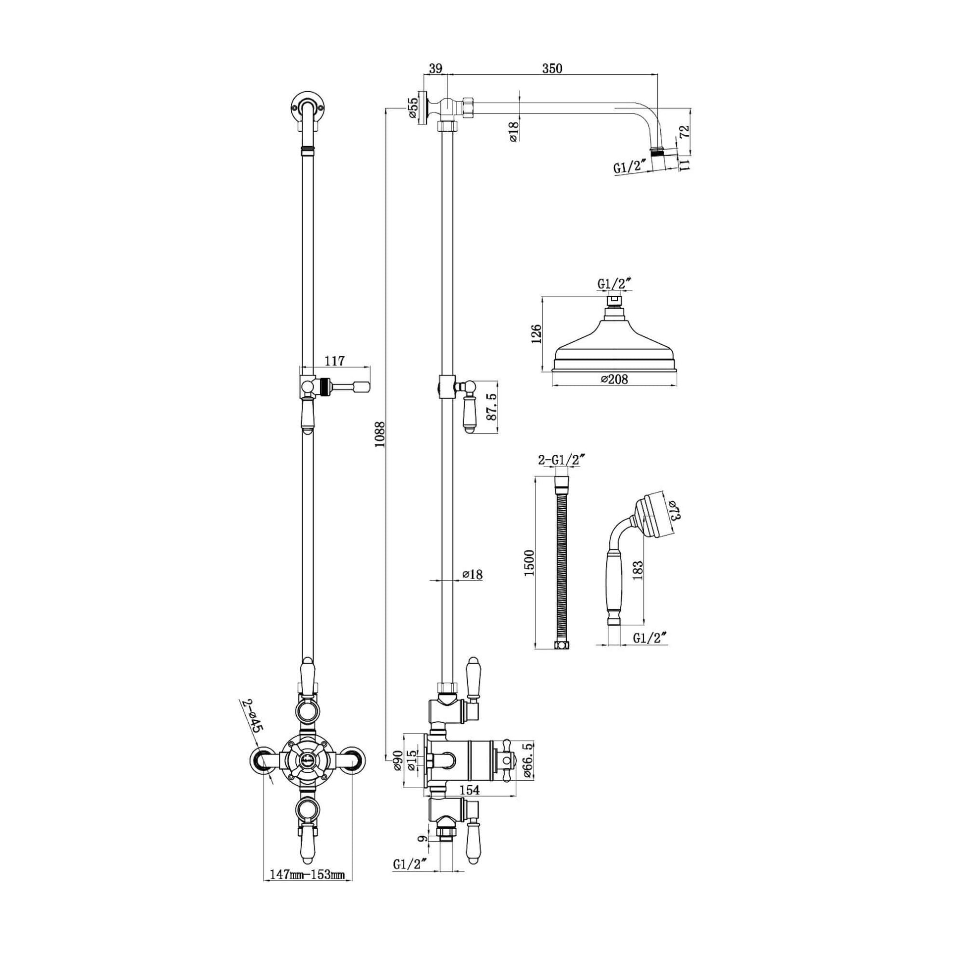 Downton Exposed Traditional Thermostatic Shower Set 2 Outlet, Incl. Triple Shower Valve, Rigid Riser Rail, 200mm Shower Head & Ceramic Handset - Antique Brass-Aman Plumbing &amp; Heating Supplier Limited