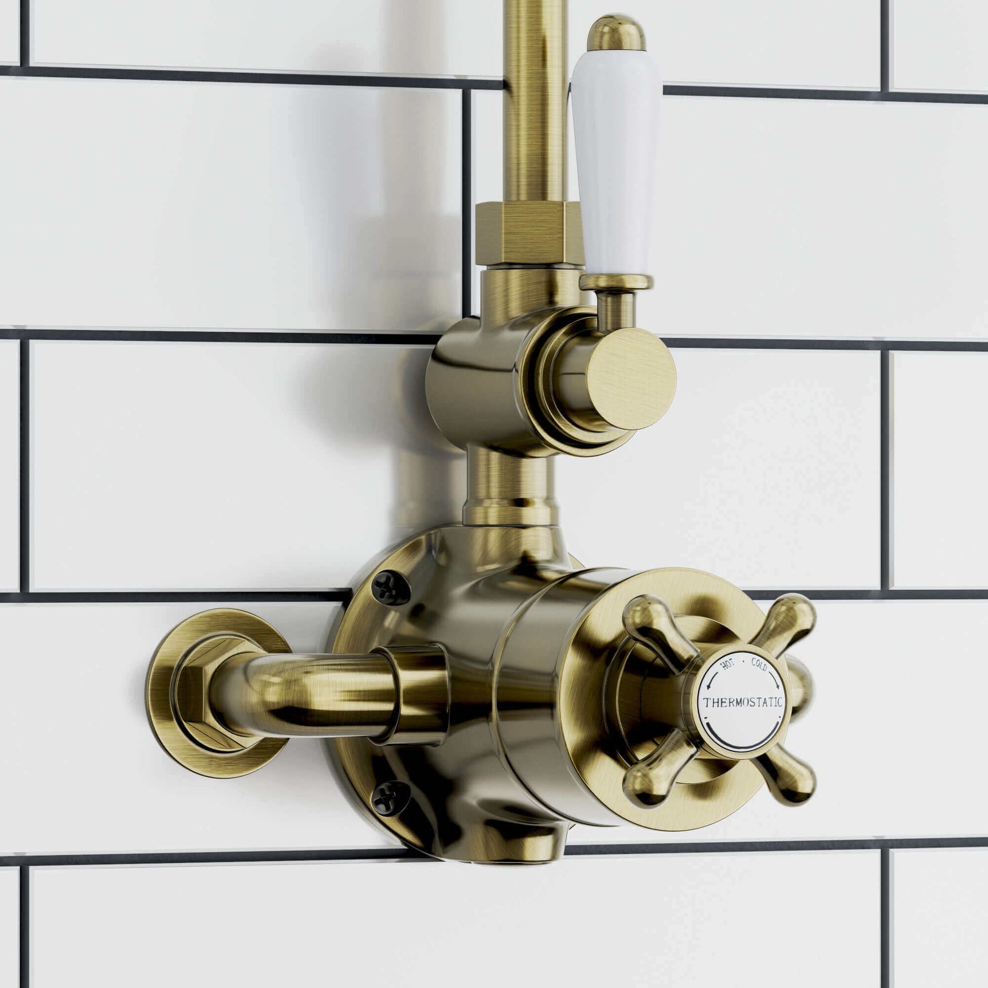 Downton Exposed Traditional Thermostatic Shower Set Single Outlet Incl. Twin Shower Valve, Rigid Riser Rail, 200mm Shower Head & Caddy - Antique Brass-Aman Plumbing &amp; Heating Supplier Limited