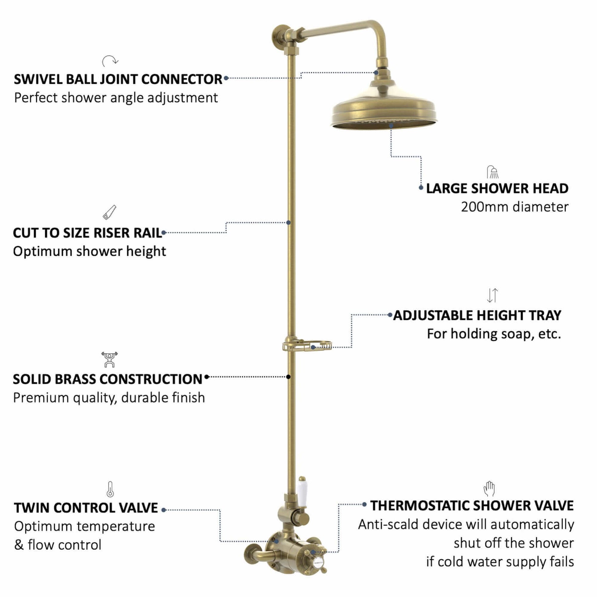 Downton Exposed Traditional Thermostatic Shower Set Single Outlet Incl. Twin Shower Valve, Rigid Riser Rail, 200mm Shower Head & Caddy - Antique Brass-Aman Plumbing &amp; Heating Supplier Limited