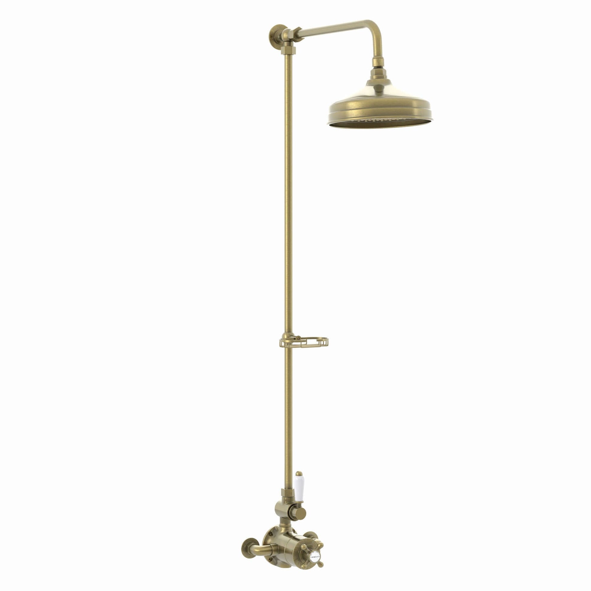 Downton Exposed Traditional Thermostatic Shower Set Single Outlet Incl. Twin Shower Valve, Rigid Riser Rail, 200mm Shower Head & Caddy - Antique Brass-Aman Plumbing &amp; Heating Supplier Limited
