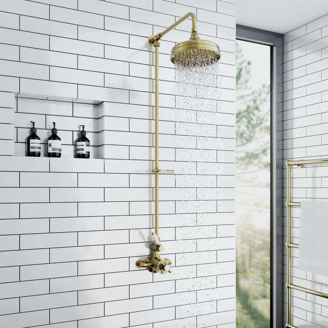Downton Exposed Traditional Thermostatic Shower Set Single Outlet Incl. Twin Shower Valve, Rigid Riser Rail, 200mm Shower Head & Caddy - Antique Brass-Aman Plumbing &amp; Heating Supplier Limited