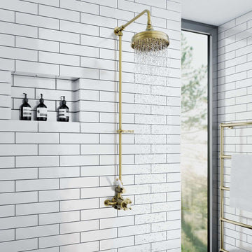 Downton Exposed Traditional Thermostatic Shower Set Single Outlet Incl. Twin Shower Valve, Rigid Riser Rail, 200mm Shower Head & Caddy - Antique Brass-Aman Plumbing &amp; Heating Supplier Limited