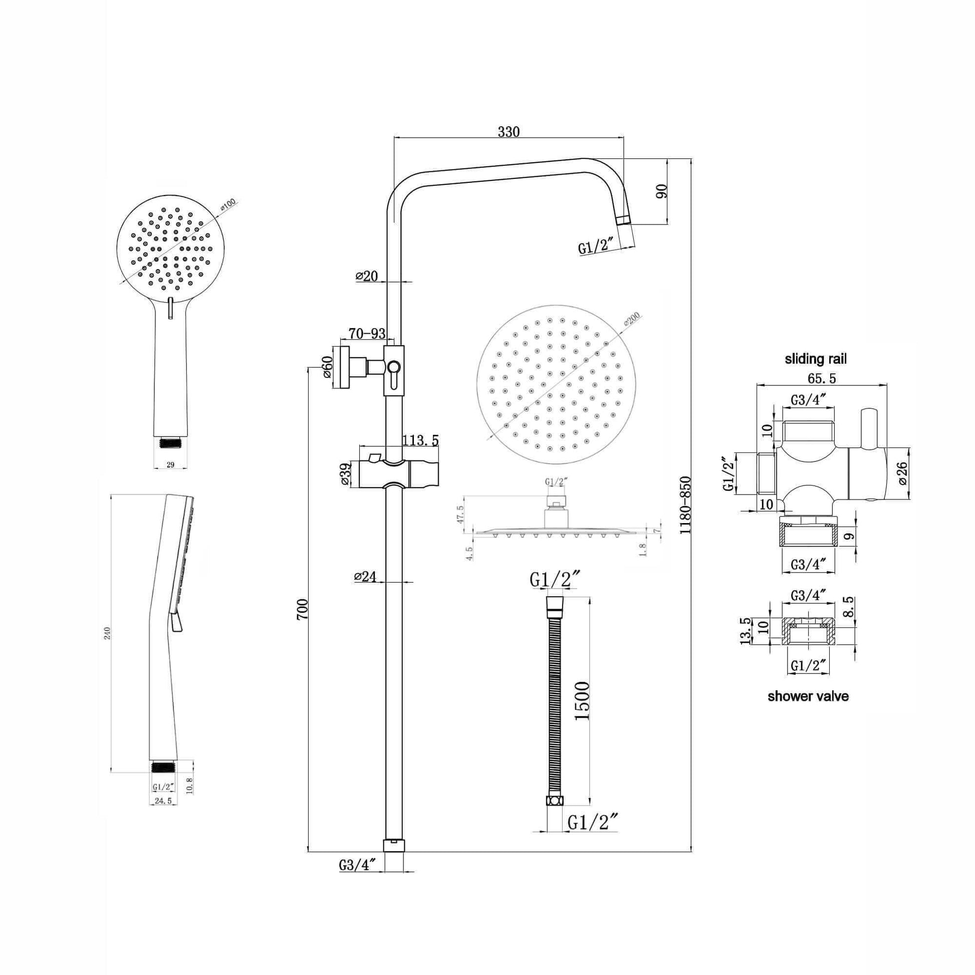 Dune dual shower riser kit adjustable height angled round easy clean head 200mm, 3 setting handshower - chrome-Aman Plumbing &amp; Heating Supplier Limited