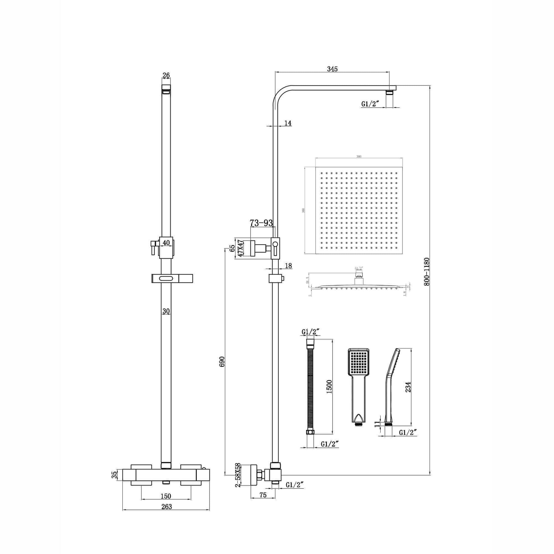 Enzo square thermostatic shower set two outlet with ultra slim 300mm shower head and handheld - matt black-Aman Plumbing &amp; Heating Supplier Limited