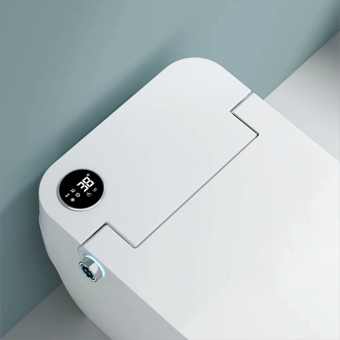A modern white ceramic smart toilet and bidet with side controls and a small screen, designed in a minimalist style.