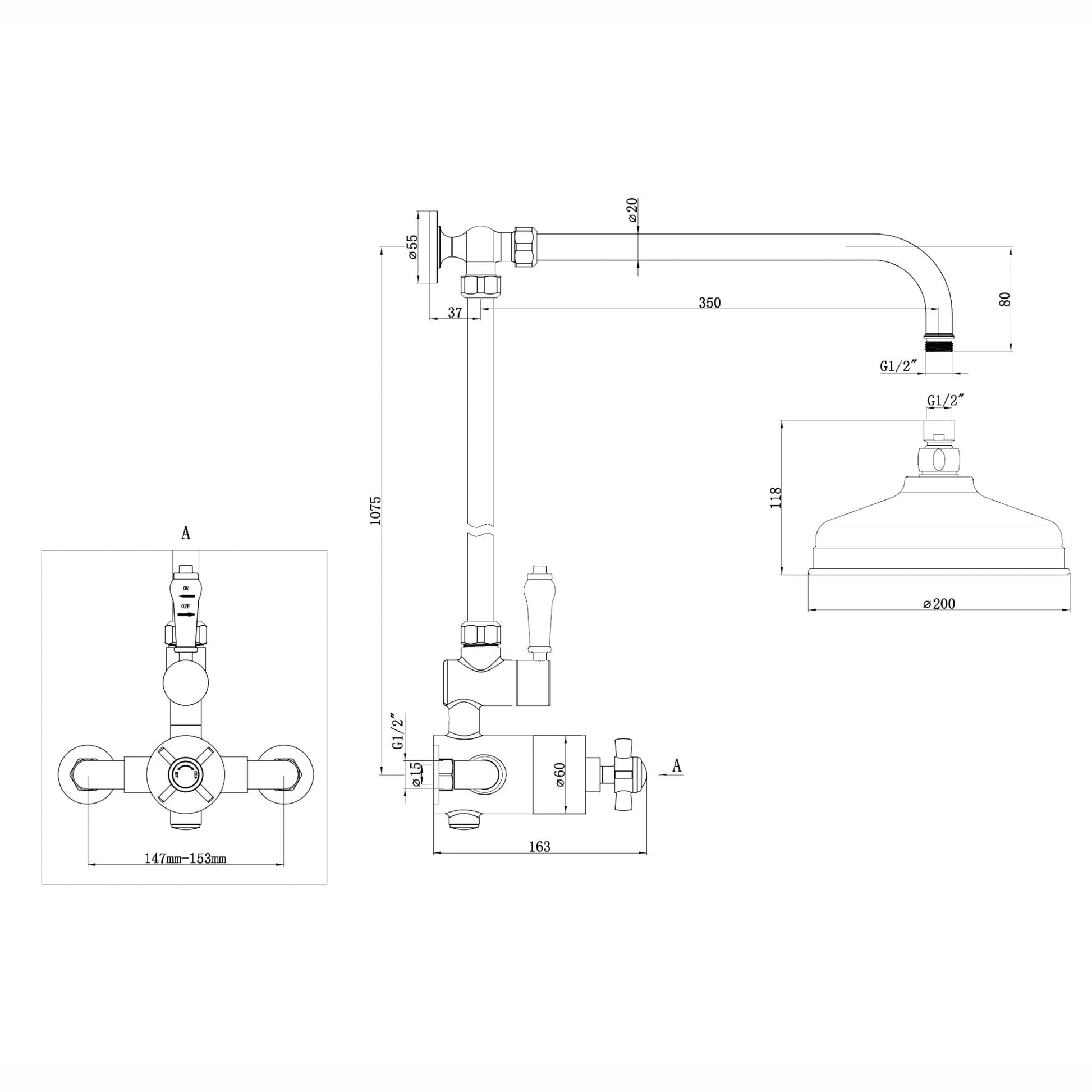 Windsor traditional thermostatic shower set single outlet incl. angled riser rail, rain shower head 200mm - antique brass-Aman Plumbing &amp; Heating Supplier Limited