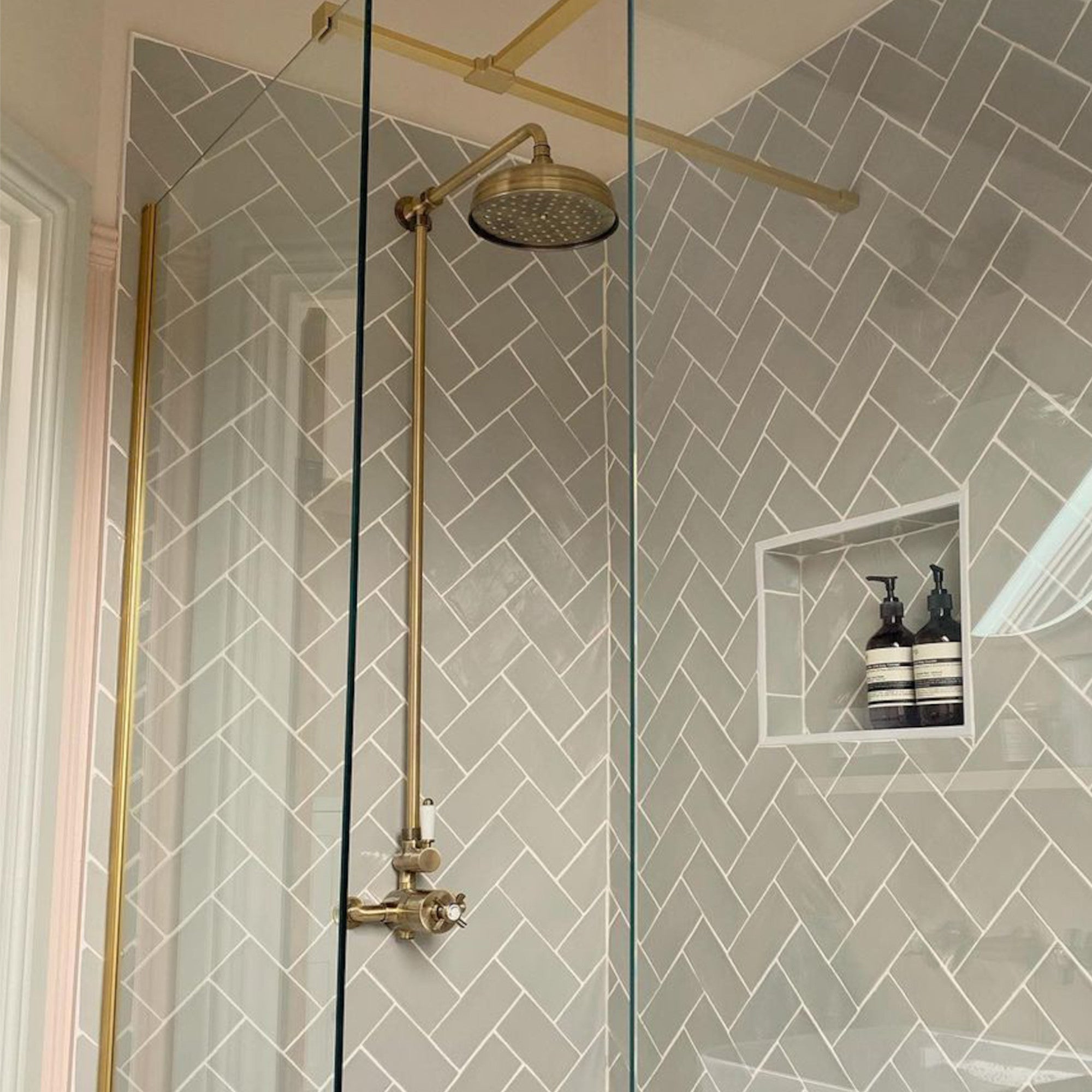 Windsor traditional thermostatic shower set single outlet incl. angled riser rail, rain shower head 200mm - antique brass-Aman Plumbing &amp; Heating Supplier Limited