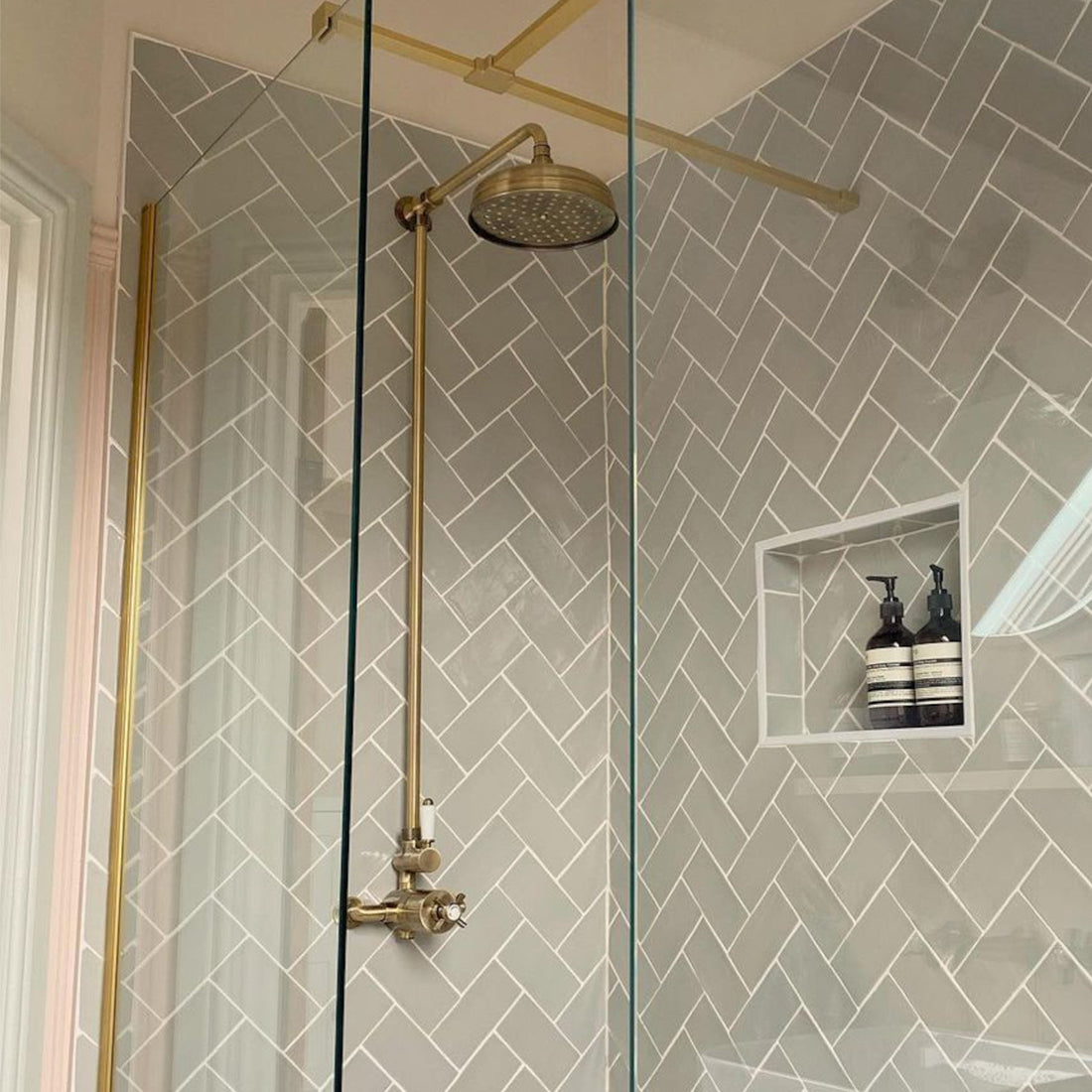 Windsor traditional thermostatic shower set single outlet incl. angled riser rail, rain shower head 200mm - antique brass-Aman Plumbing &amp; Heating Supplier Limited