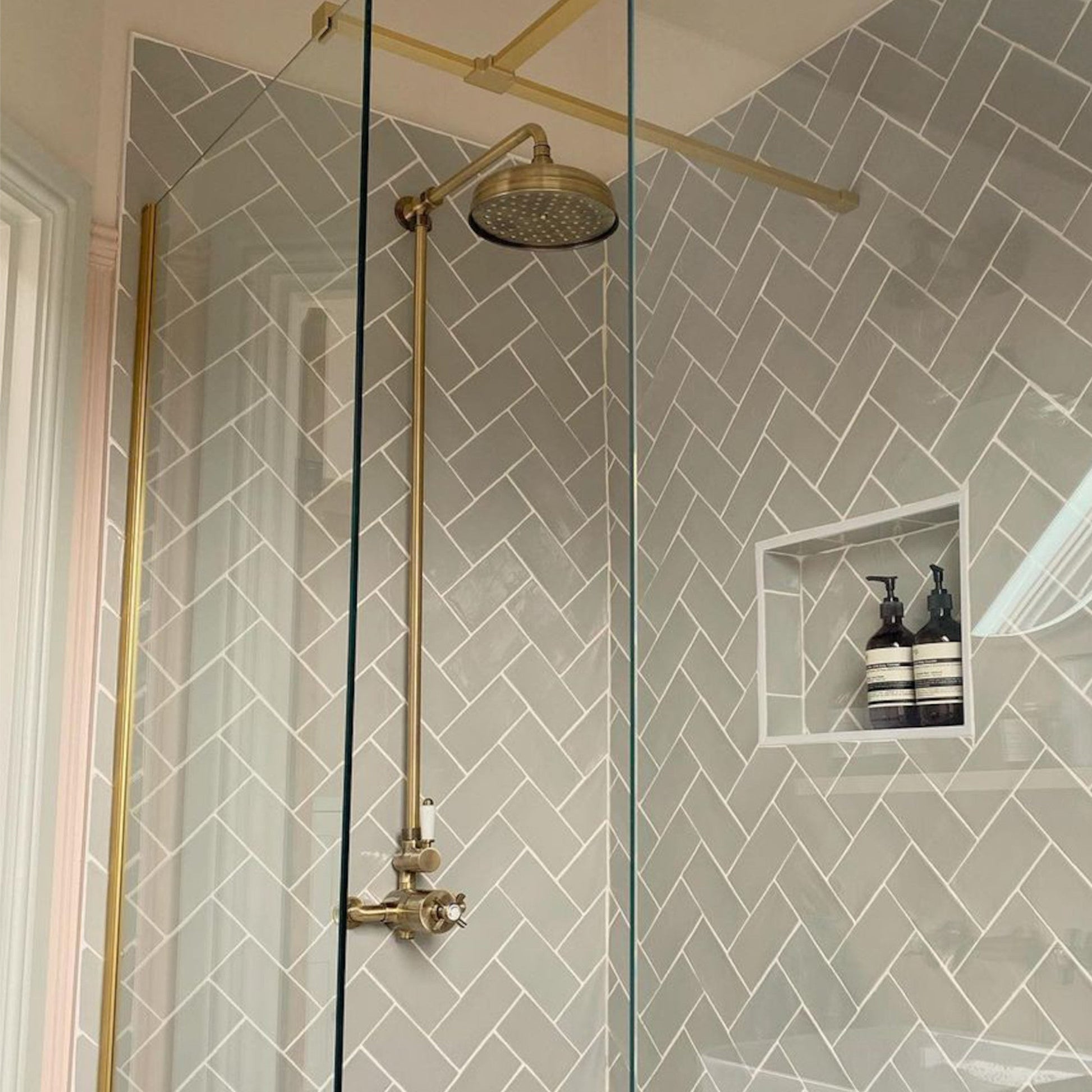 Windsor traditional thermostatic shower set single outlet incl. angled riser rail, rain shower head 200mm - antique brass-Aman Plumbing &amp; Heating Supplier Limited